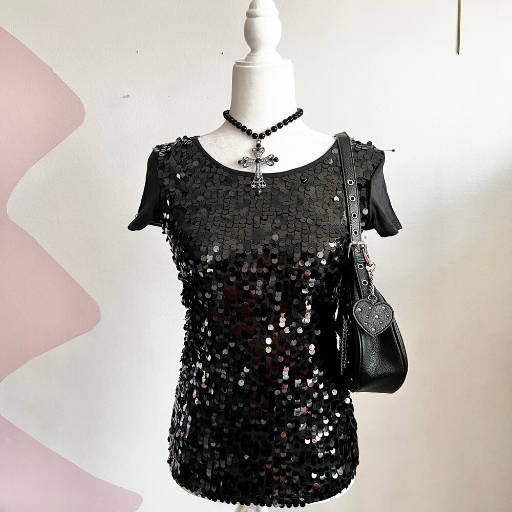 Black Sequin‎ Top, Y2K, Clubwear, Edgy, Baddie, Maximalist, Glam, XS